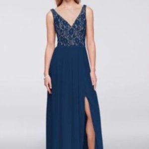 Illusion V-Neck Lace and Mesh Dress - Size 8, Marine